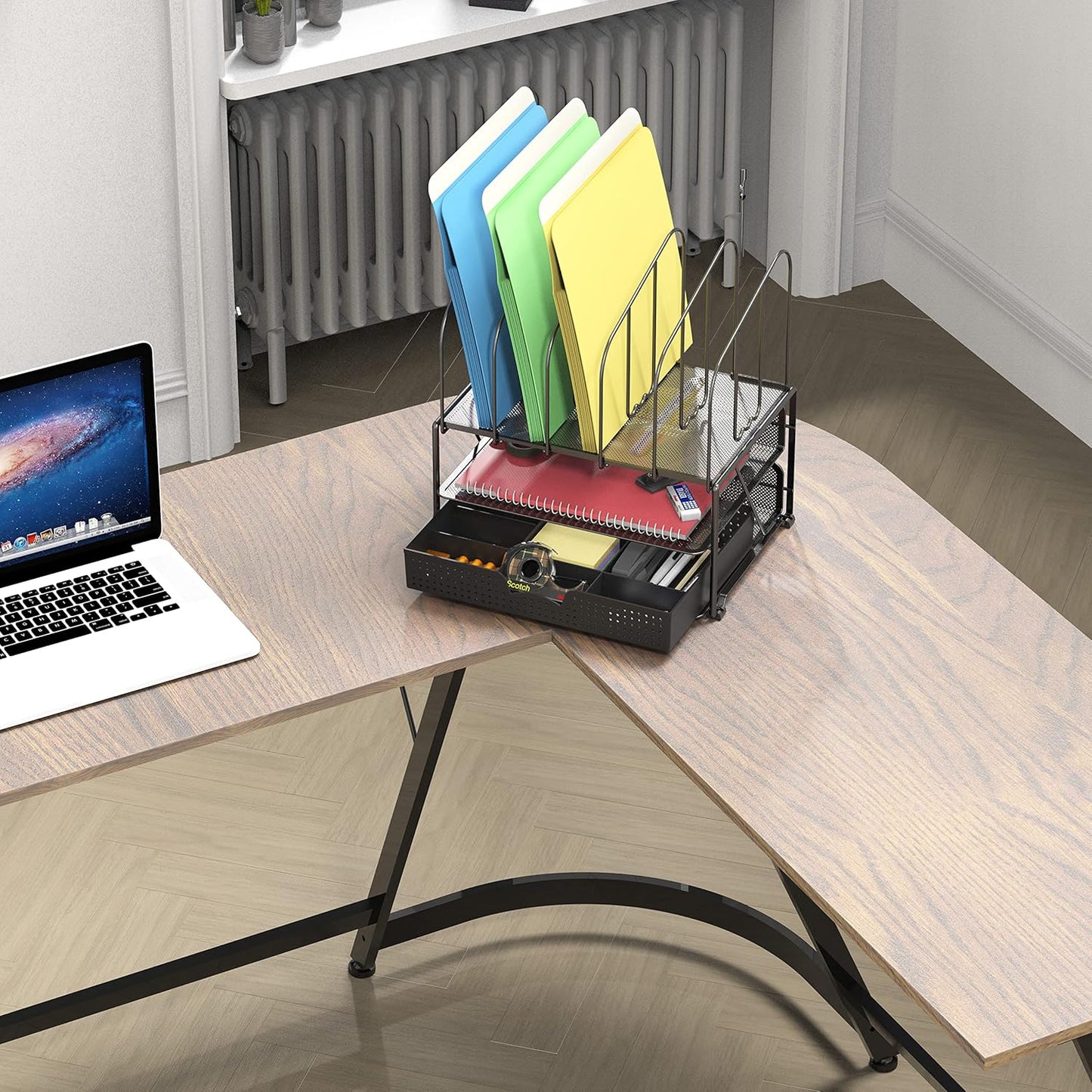 DecoBros Mesh Desk Organizer with Double Tray, 5 Upright Sections and Sliding Drawer, Black