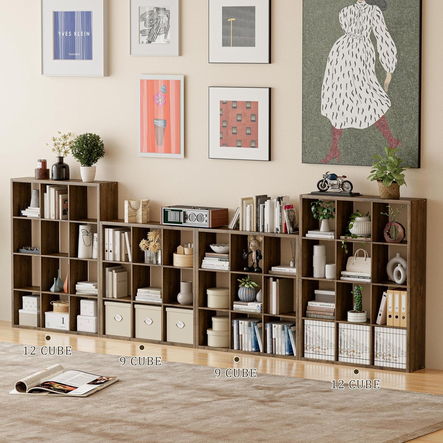 Cube Storage Organizer Bookcase, Decorative 11 inch Open Back Cubical Shelf with Thickened Border, Display Bookshelf for Living Room, Home Office, Sturdy Room (Brown, 12 Cube)