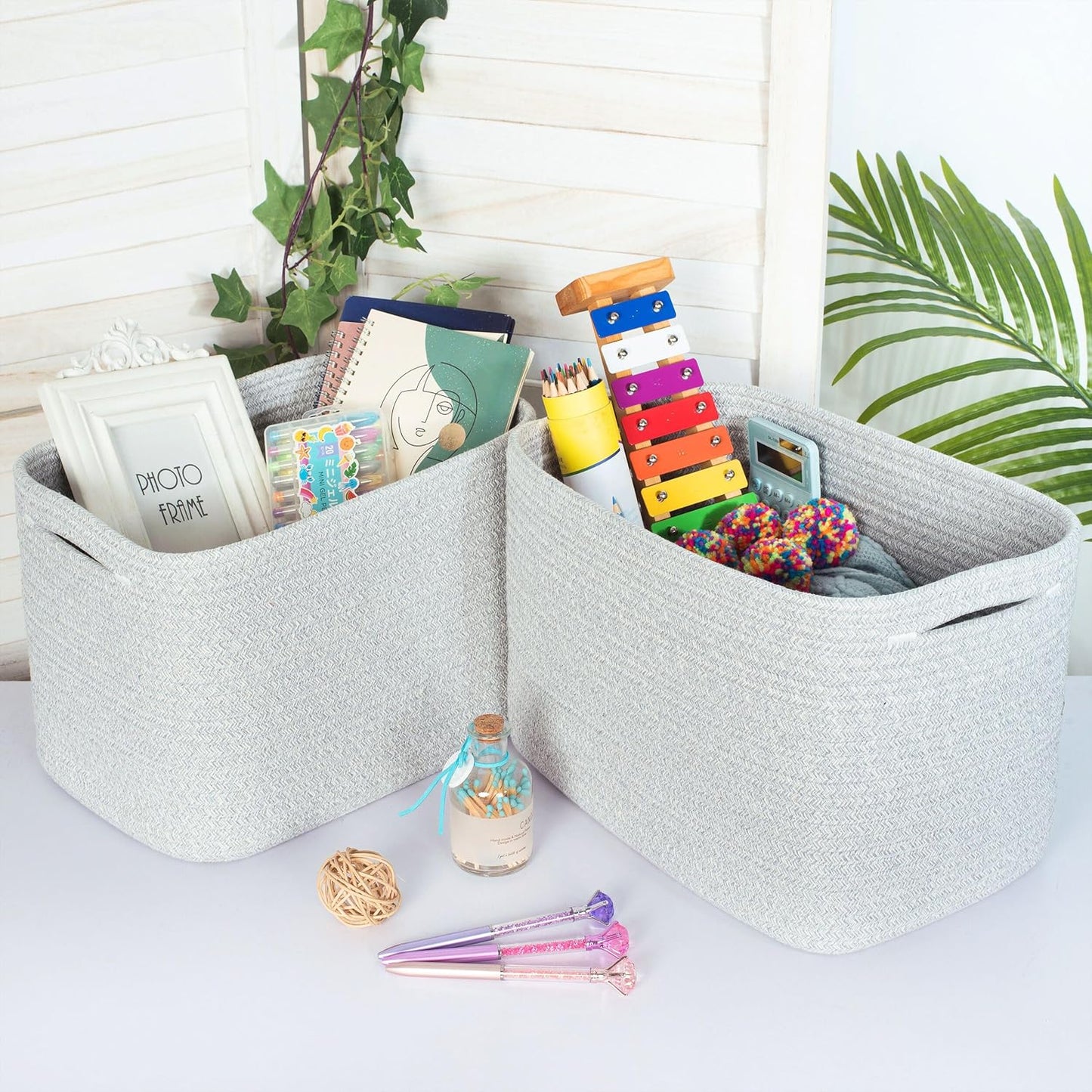 MINTWOOD Design 3-Pack Decorative Woven Storage Baskets for Shelves, Cube Bin Box for Organizing Books, Shoes, Dog Toys, Pantry Closet and Living Room Organizer, Light Gray Mix