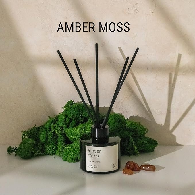 Craft & Kin Amber Moss Christmas Reed Diffuser | All Natural Essential Oil & Rattan Scent Sticks | Holiday Reed Diffusers for Home, Bathroom | Long Lasting Home Fragrance in Green Glass, 3.4oz