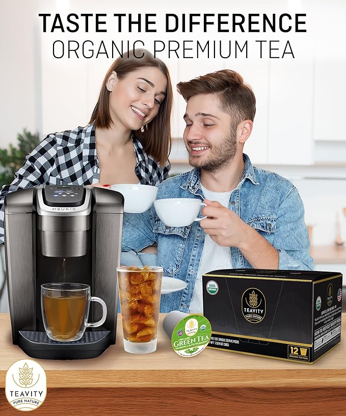 Organic Moringa Green Tea with Peppermint Tea Pods for Keurig - Naturally Caffeinated by Teavity (12 Tea Pods)