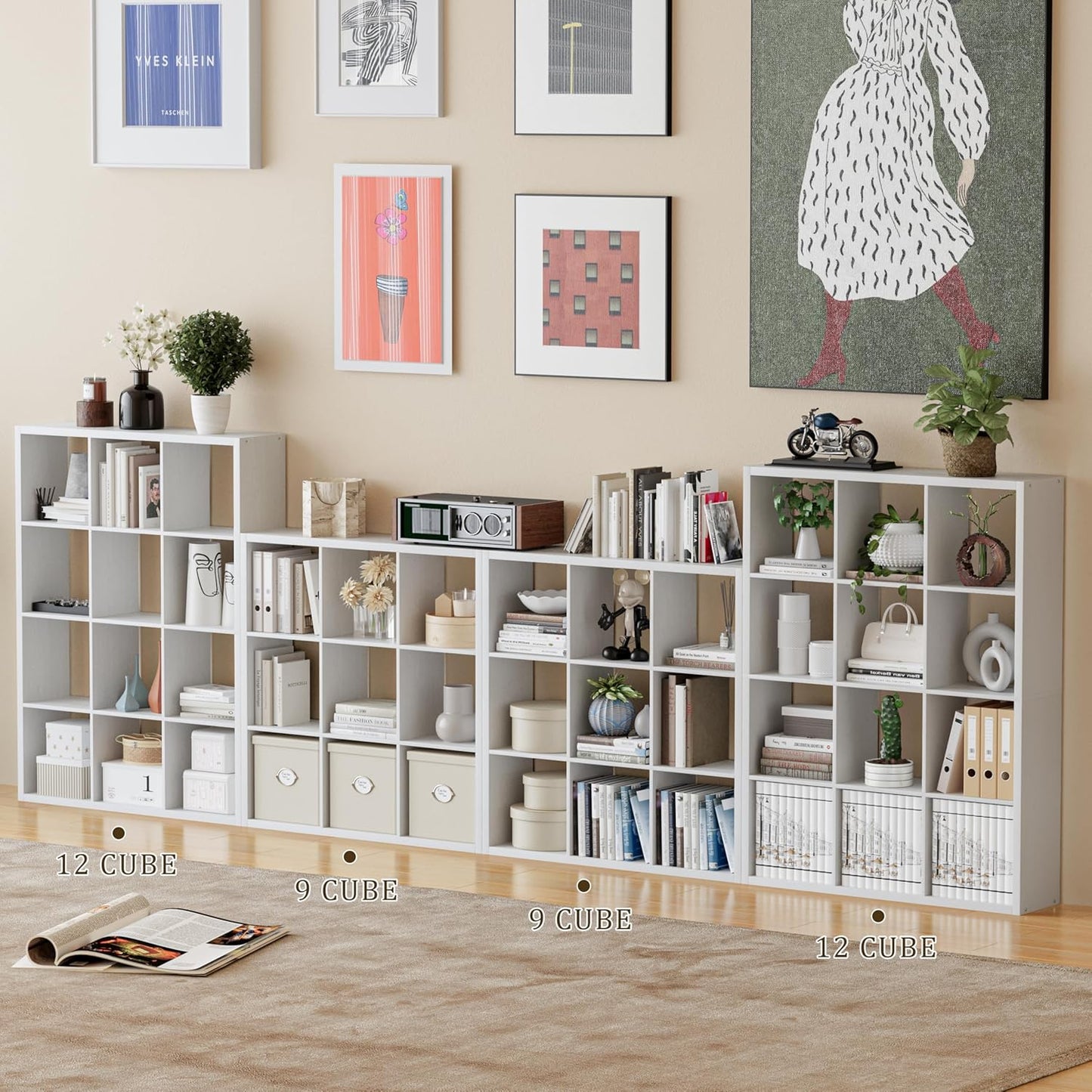 Cube Storage Organizer Bookcase, Decorative 11 inch Open Back Cubical Shelf with Thickened Border, Display Bookshelf for Living Room, Home Office, Sturdy Room (White, 12 Cube)