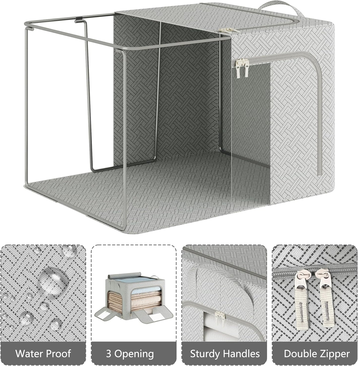 Pinkpum 3 Pack Clothes Storage Bins with Metal Frame, Closet Organizers and Storage Boxes, Stackable & Foldable Clothes Organizer Bags with Large Clear Window & Long Carry Handles, Grey Pattern 66L