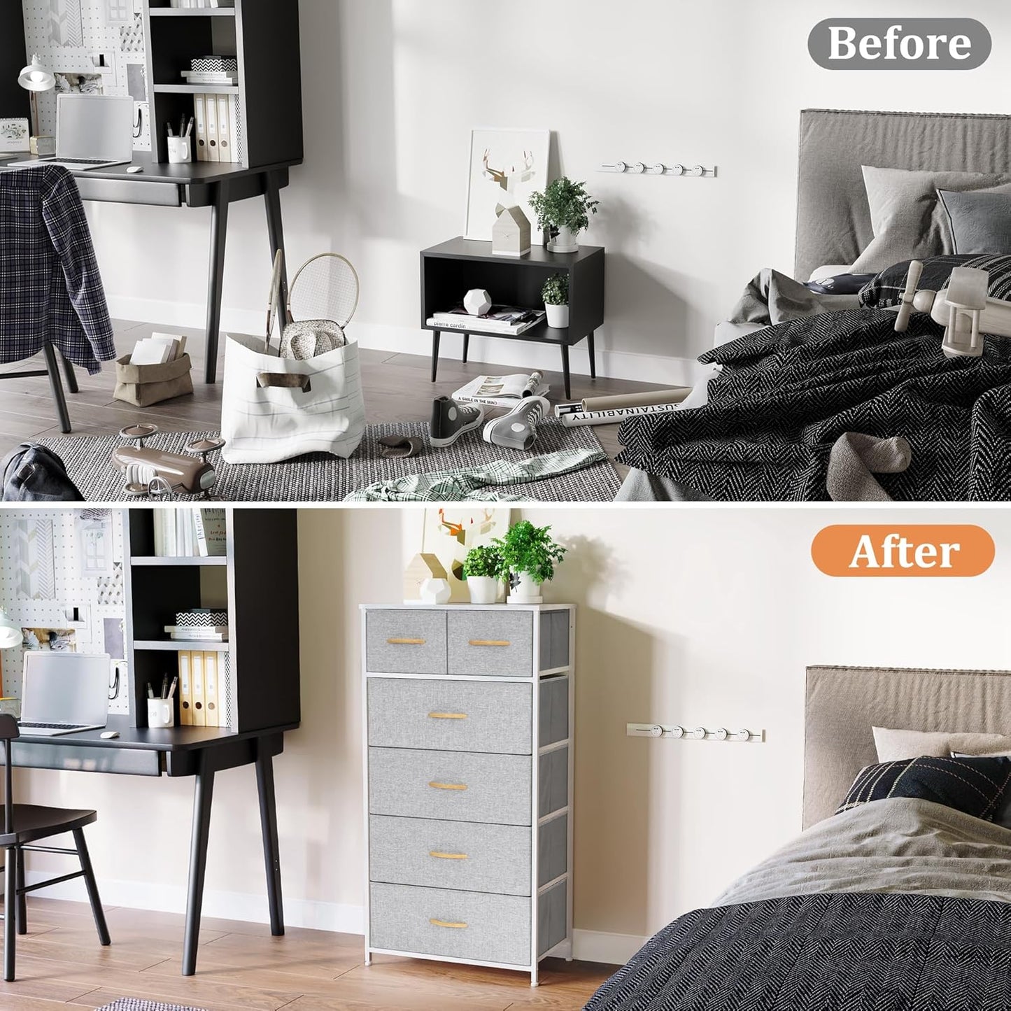 Fabric Dresser for Bedroom, Tall Skinny Dresser with 6 Drawers, Storage Organizer Tower, Steel Frame Wooden Top for Closet, Living Room, Hallway(Light Gray)