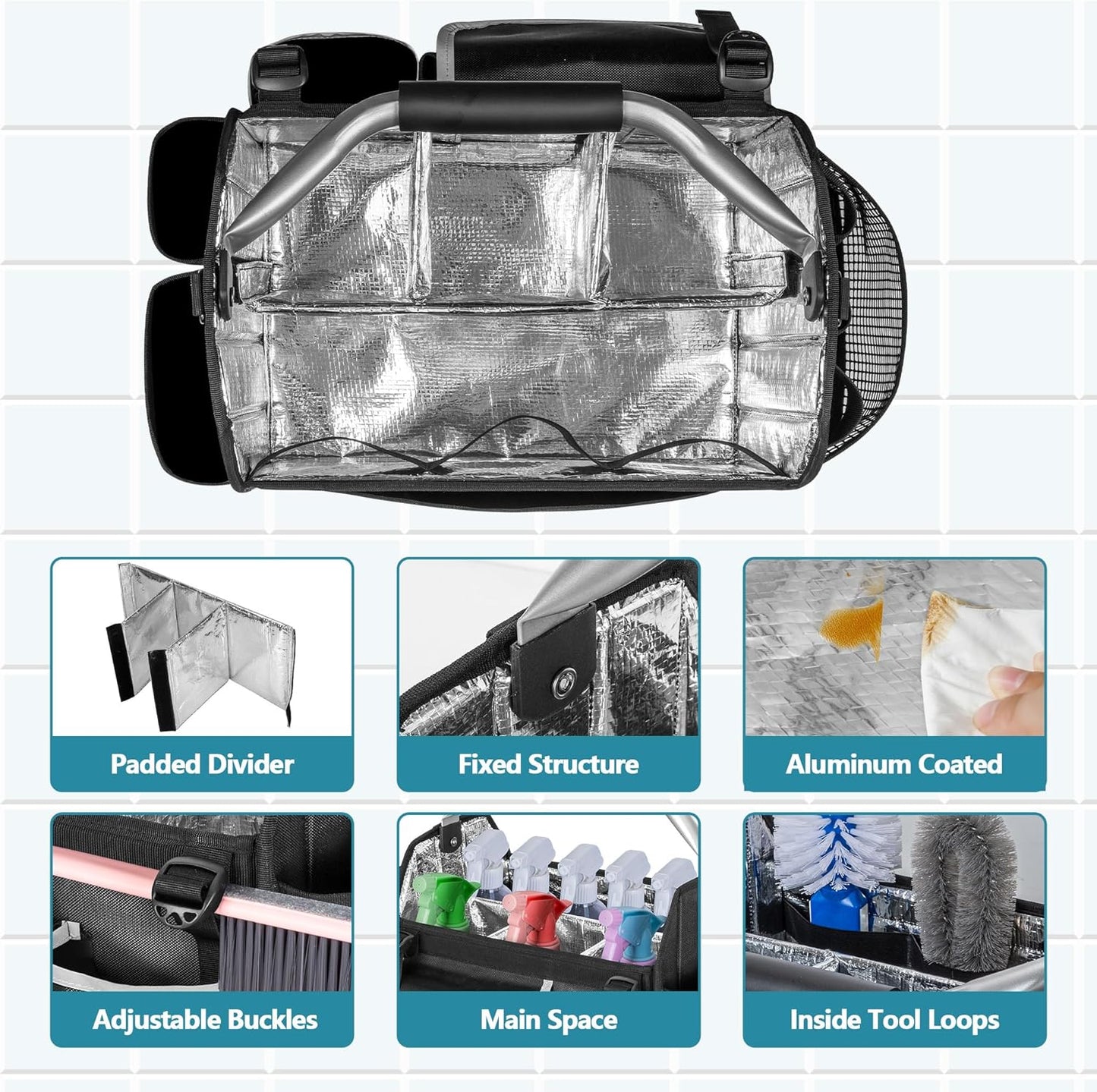 Wearable Cleaning Caddy Organizer, Cleaning Supplies Bag with Divider & Support Pad, Cleaner Tote with Handle & Detachable Shoulder Strap, Housekeeping Storage Box with Multi Pockets, Bag Only