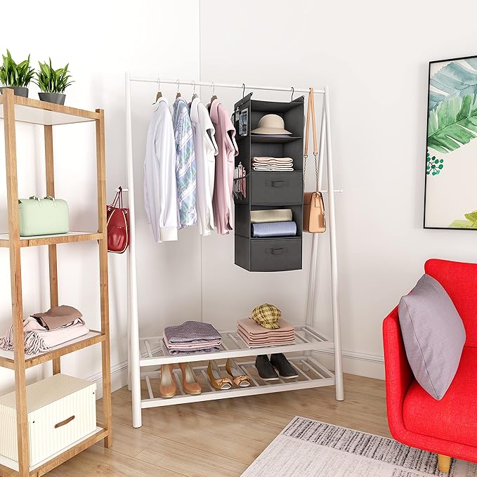 MAX Houser 5 Tier Shelf Hanging Closet Organizer, Cloth Hanging Shelf with 2 Sturdy Hooks for Storage, Foldable (Grey-D2)