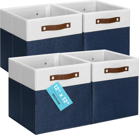 OrganiHaus 12" x 12" x 12" Fabric Cube Storage Bins - Set of 4, Cube Fabric Organizer Bins with Vegan Handles, Kallax Storage Cubes, 12 Inch Cubic Baskets for Shelves - Navy Blue