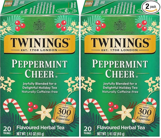 Twinings Peppermint Cheer Herbal Tea Individually Wrapped Bags, 20 Count (Pack of 2), Peppermint & Vanilla, Naturally Caffeine-Free, Enjoy Hot or Iced, 20 Teabags
