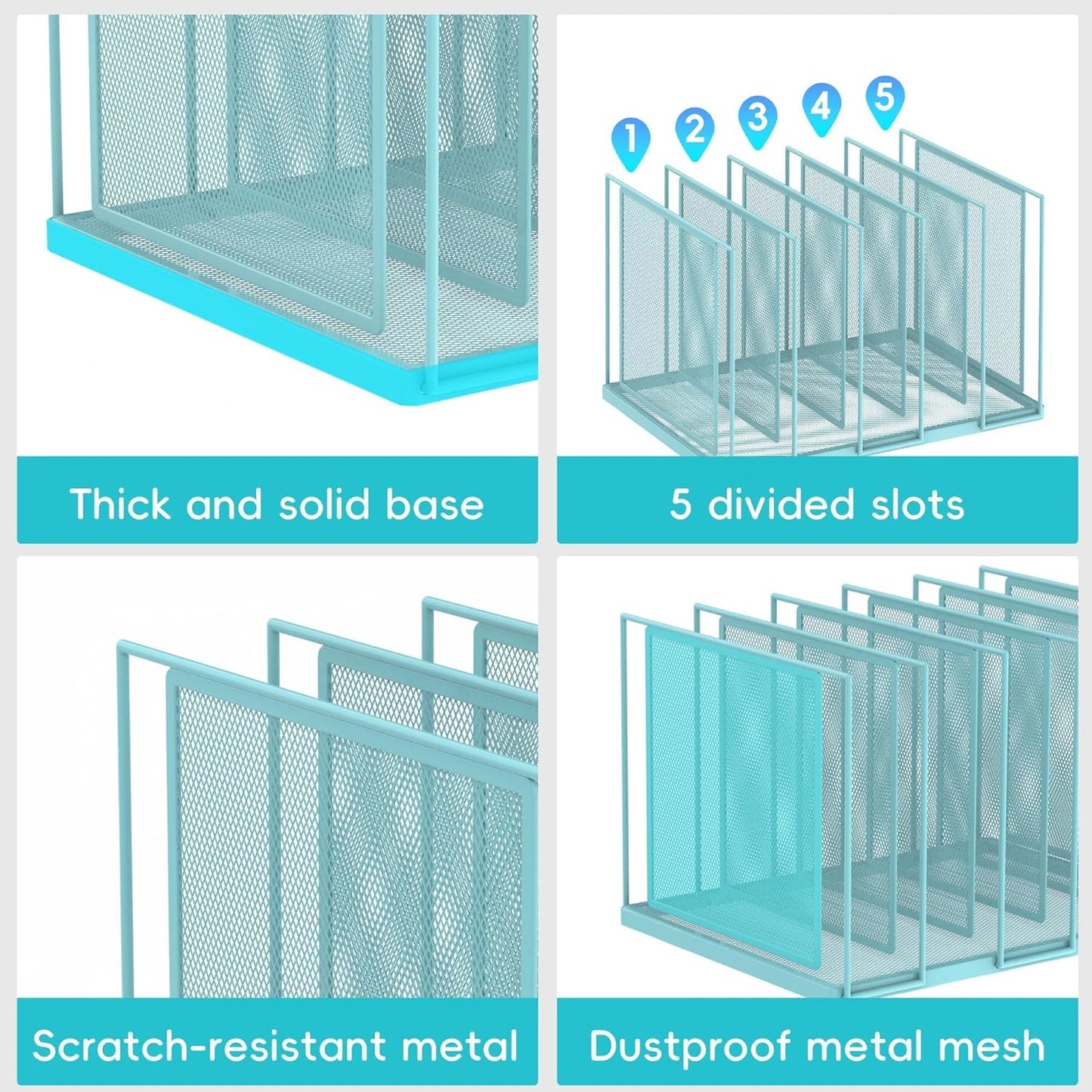File Organizer for Desk, 5-Section Vertical File Sorter, Paper Holder Organizer Standing Metal File Folder for Office Home Classroom, Blue