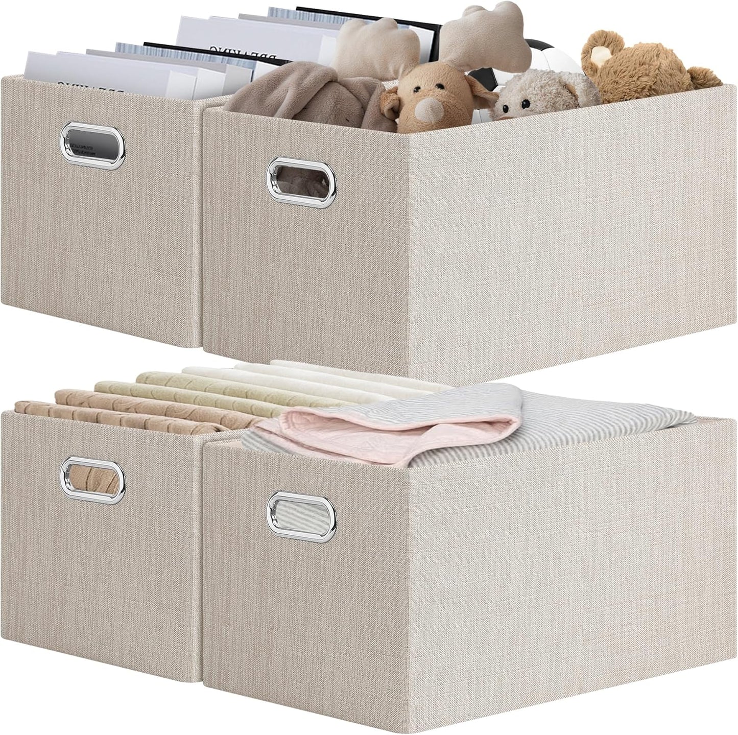 Posprica Closet Storage Bins, 4 Pack Closet Shelf Organizers, Linen Fabric Decorative Storage Baskets for Organizing, Foldable Storage Box for Clothes, Toy, 15x10.5x8.25 Inch (Beige)