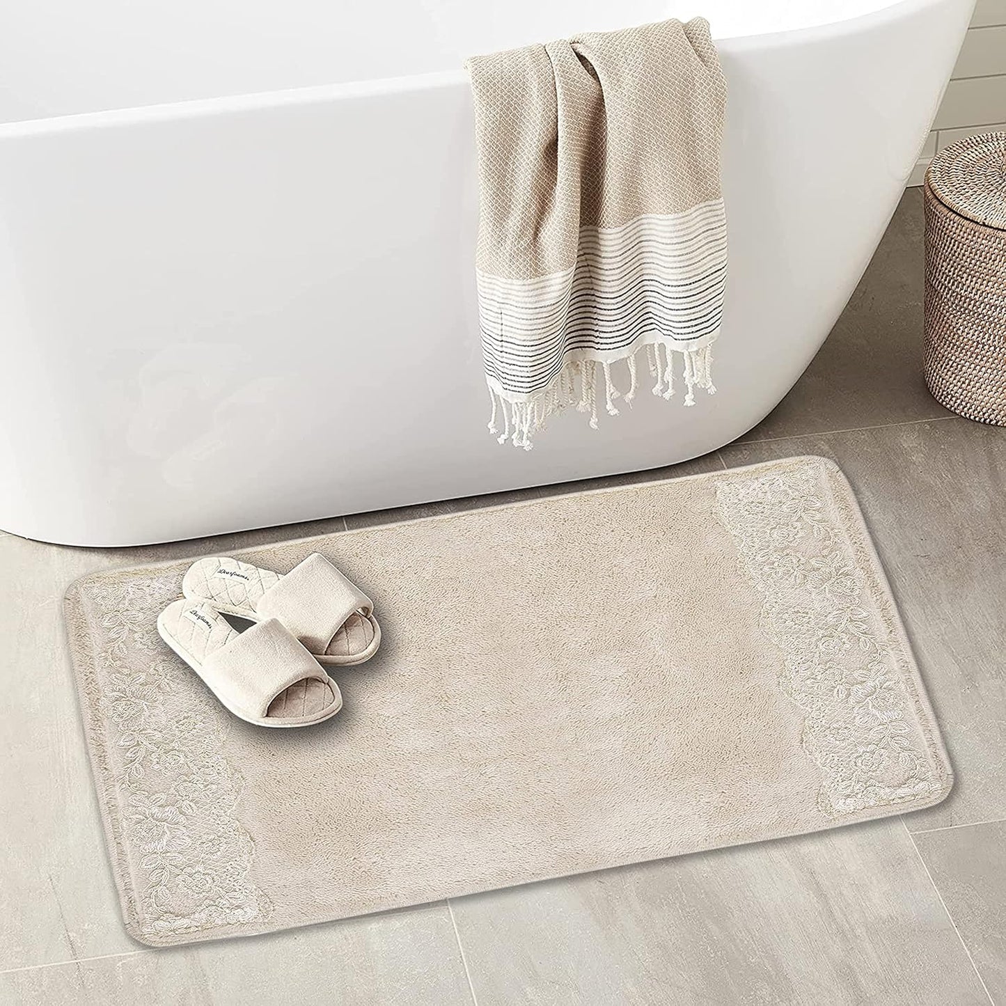 Zahari Home Rose Vine Bathroom Rug Luxury Bath Rug Washable Beautiful Shower Mat Unique Design Stylish Beige Bath Bath Rug Shower Tub Decor