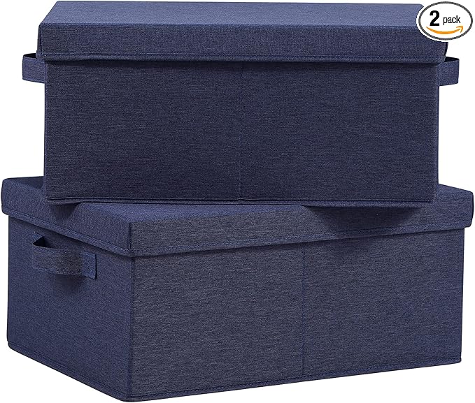 HOONEX Foldable Storage Bins with Lids, Pack of 2, Storage Boxes with 2 Carrying Handles and Heavy Cardboard, 16.5" L x 11.8" W x 7.5" H for Shoes, Clothes, Blue