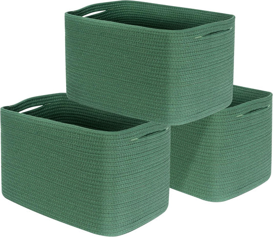 MINTWOOD Design 3-Pack Decorative Woven Storage Baskets for Shelves, Cube Bin Box for Organizing Books, Shoes, Dog Toys, Pantry Closet and Living Room Organizer, Forest Green