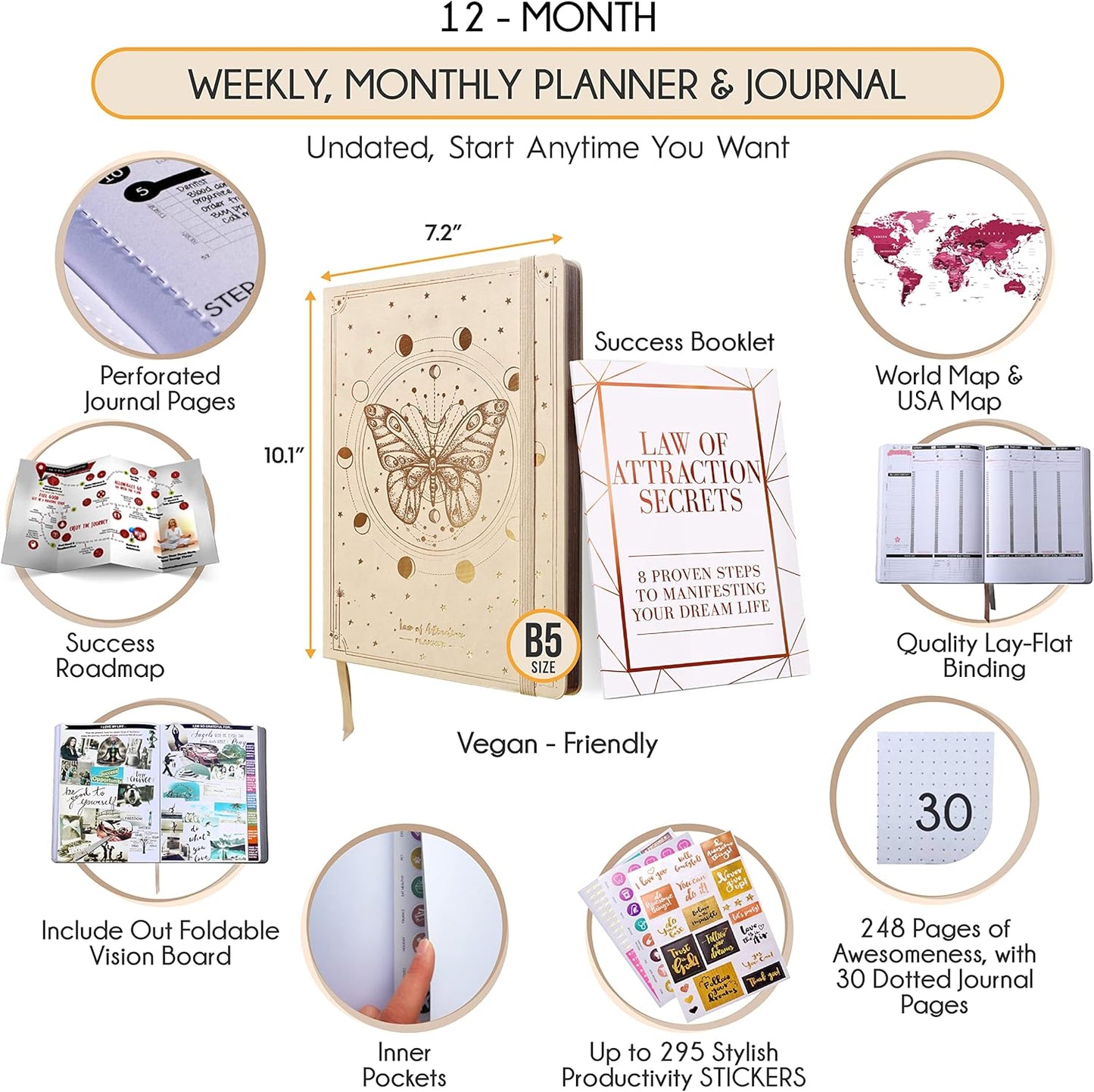 Law of Attraction Planner – Undated Hourly, Weekly & Monthly Goal Setting Planner, 12-Month to Increase Productivity | Life & Gratitude Journal, Include Foldable Vision Board, Gift Box & Stickers