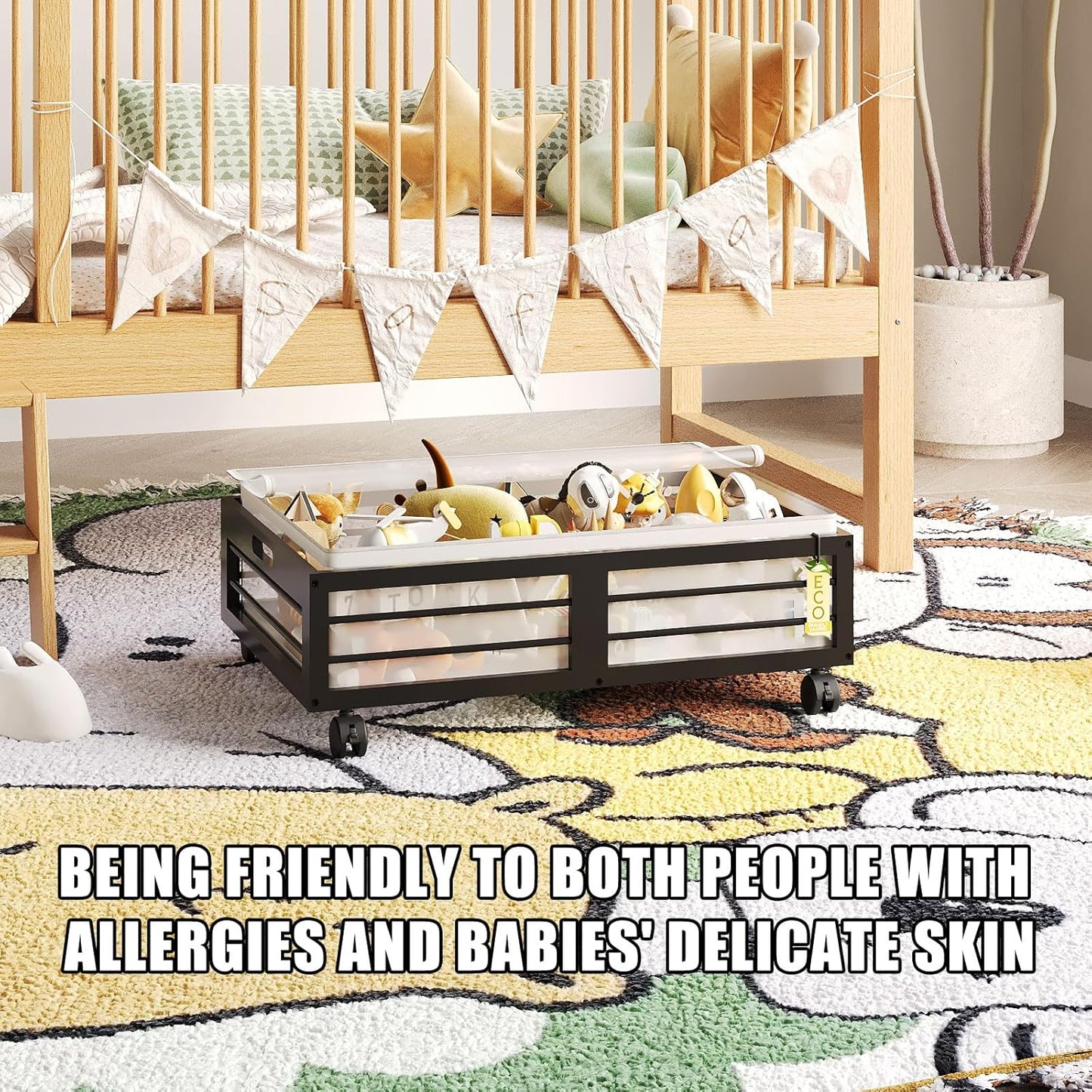 Under Bed Storage Containers with Wheels, Larger Bamboo Wood Under Furniture Storage Containers with Dust Bags，Rolling for Shoes Clothes