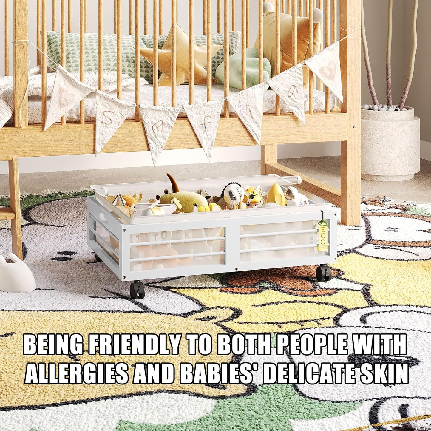 Under Bed Storage Containers with Wheels, Larger Bamboo Wood Under Furniture Storage Containers with Dust Bags，Rolling for Shoes Clothes