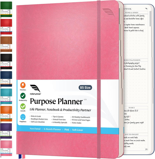 Roterunner Purpose Planner Notebook B5 7.5”x9.8” Undated 2026 Daily Weekly and Monthly Productivity Goal Setting Tool for Work Home ADHD Planner for Adults Self Care Journal (Pink Softcover)
