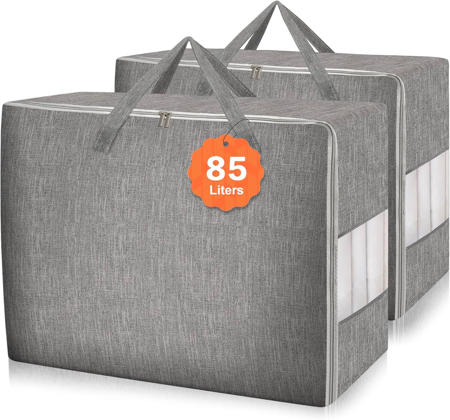 2 Pack 85L Comforter Storage Bags, Extra Large Bedding Storage Bags with Clear Window, Reinforced Handles & Zippers, Foldable Closet Organizers for Blanket Pillow Clothes