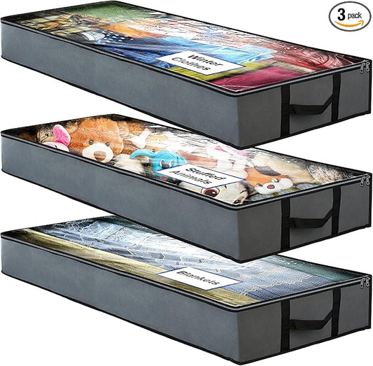 NeatNestly SmartCube Under Bed Storage Bags - 3 Pack Large 39" x 18" x 6" Gray Containers with Reinforced Handles, Foldable Underbed Storage Organizer for Clothing, Blankets & Shoes