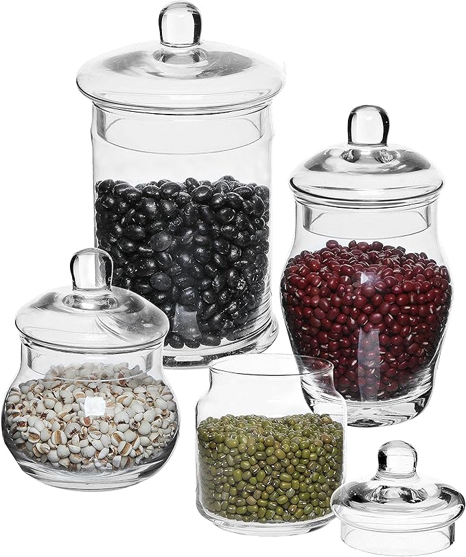 MyGift Small Decorative Glass Apothecary Candy Jars, Small Storage Canisters with Lids, Set of 4