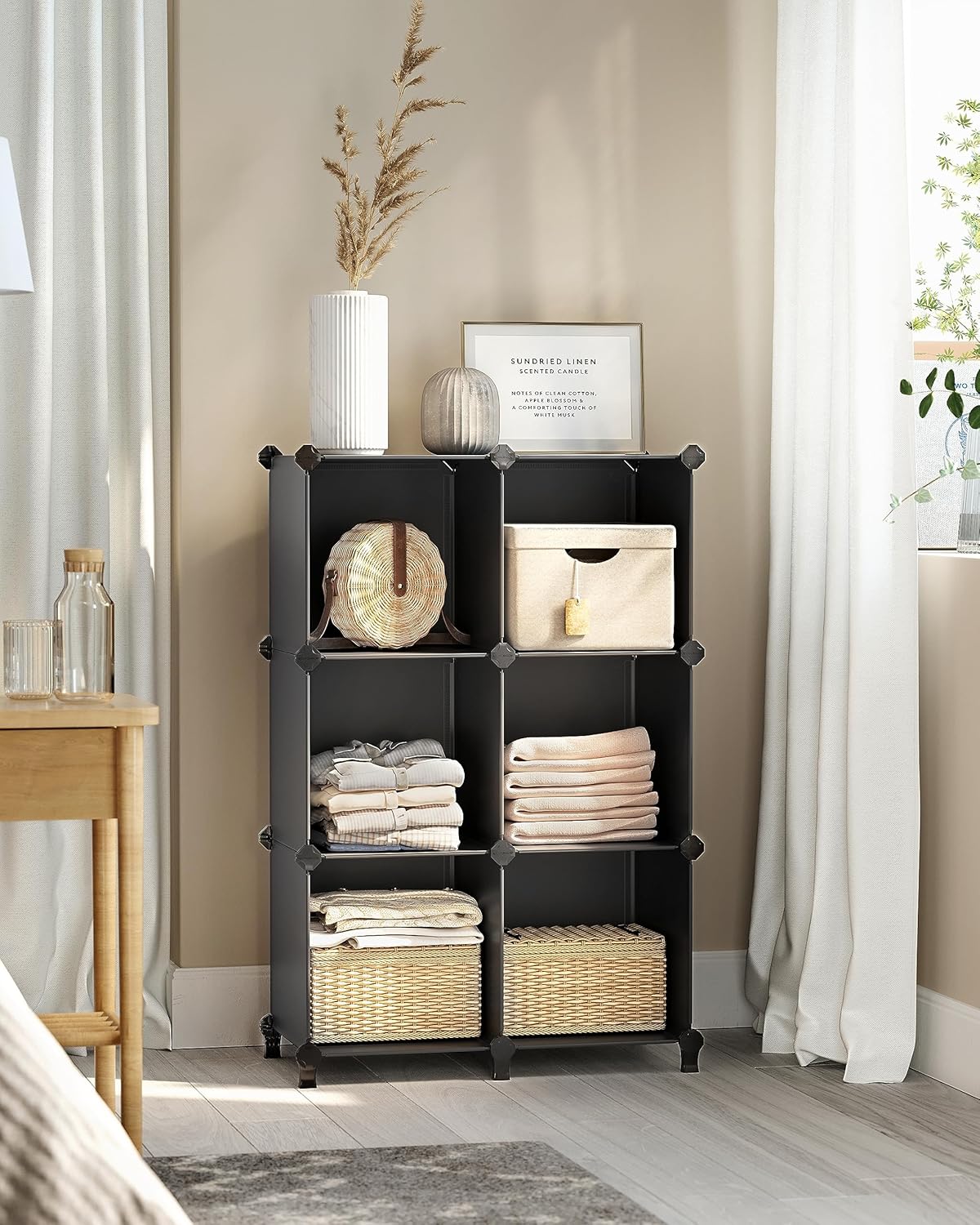 SONGMICS 6 Cube Storage Organizer, Modular Bookshelf, DIY Closet Organizers and Storage, Plastic Stackable Shelves, 11.8 x 11.8 x 11.8 Inch Cubes, with Feet and Rubber Mallet, Black ULPC06H