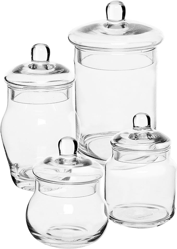 MyGift Small Decorative Glass Apothecary Candy Jars, Small Storage Canisters with Lids, Set of 4