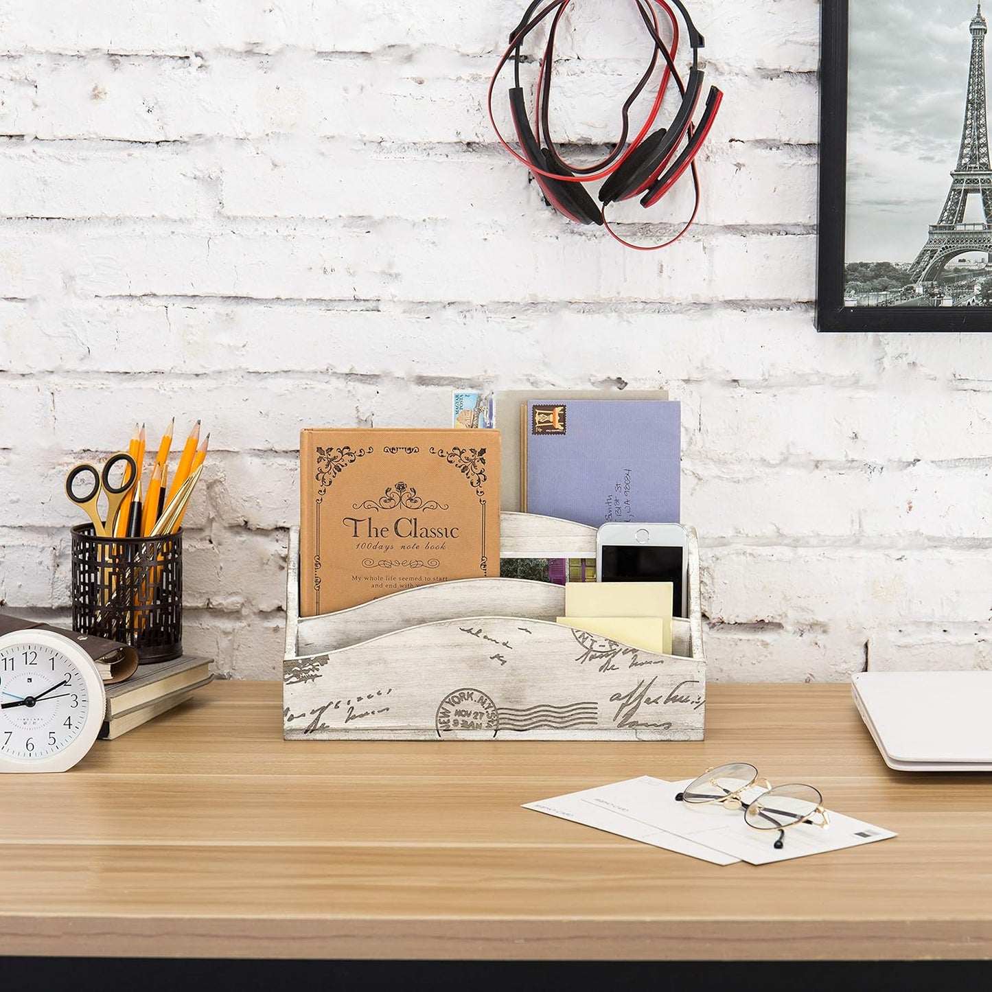 MyGift 3 Slot Vintage Postcard Design Beige Wood Home Countertop Mail Letter Holder, Wooden Office Desk Organizer, File Sorter, Bill Divider, Envelope Storage Bin