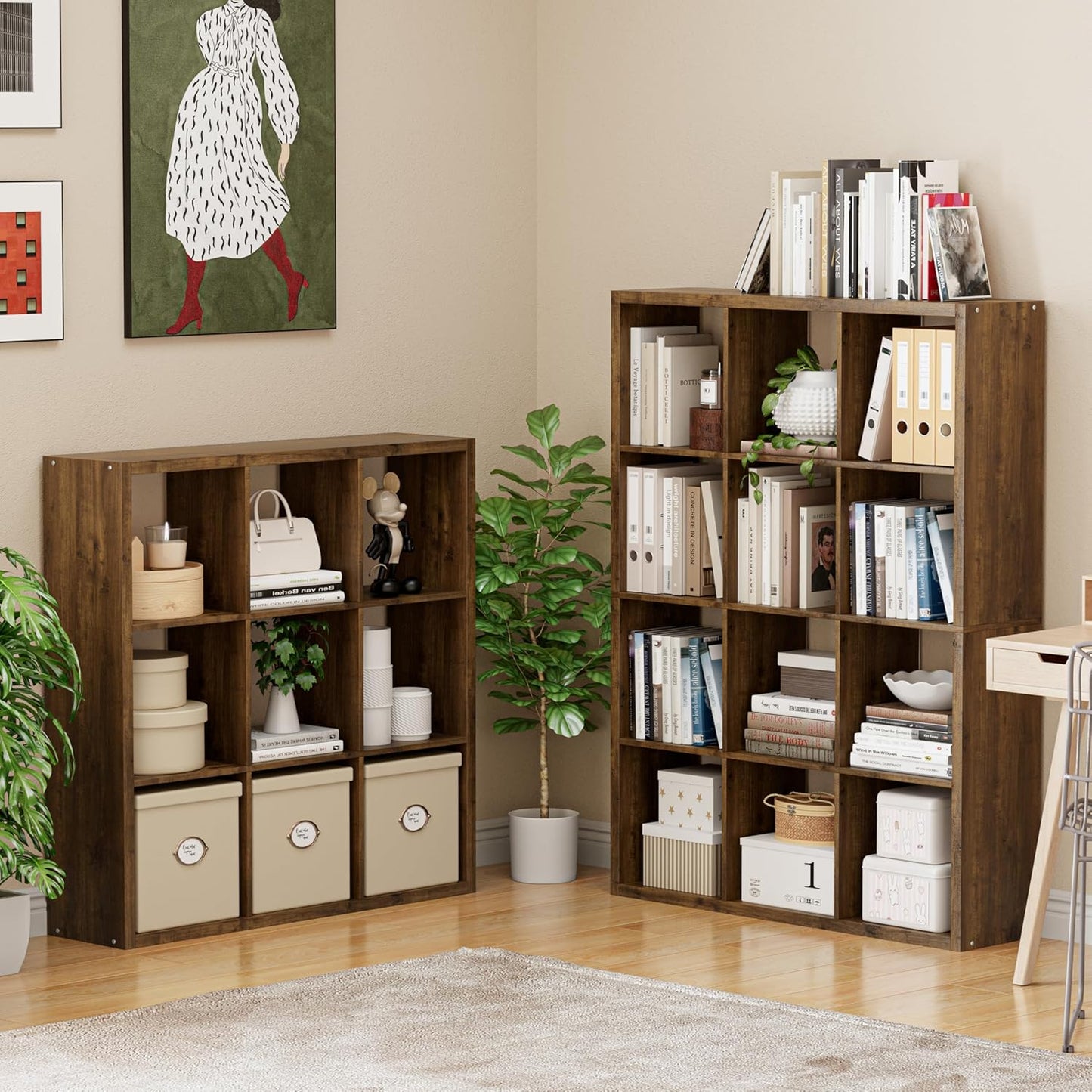 Cube Storage Organizer Bookcase, Decorative 11 inch Open Back Cubical Shelf with Thickened Border, Display Bookshelf for Living Room, Home Office, Sturdy Room (Brown, 9 Cube)