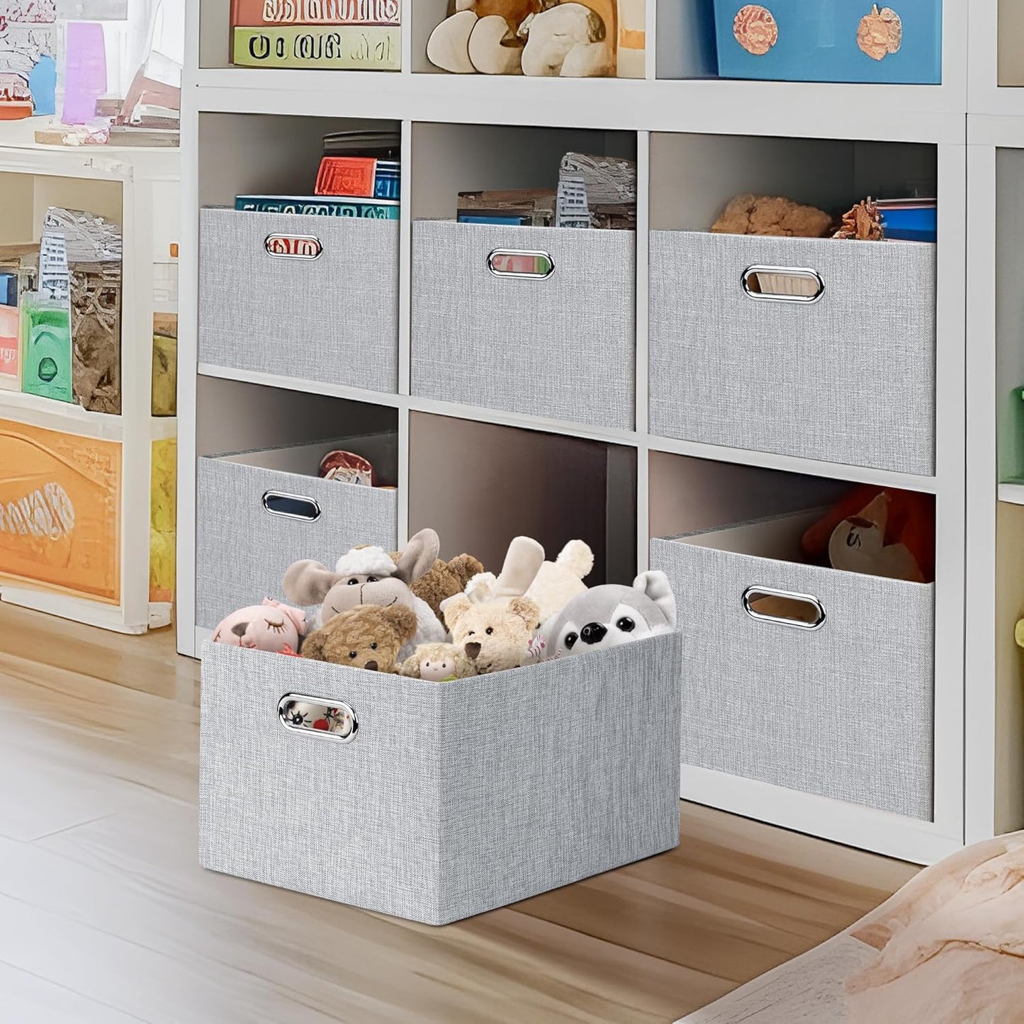 Posprica Closet Organizers and Storage, 4 Pack Large Linen Storage Bins, Decorative Shelf Storage Baskets for Organizing, Foldable Fabric Storage Box for Clothes, Toy, 15x10.5x8.25 Inch(Grey)