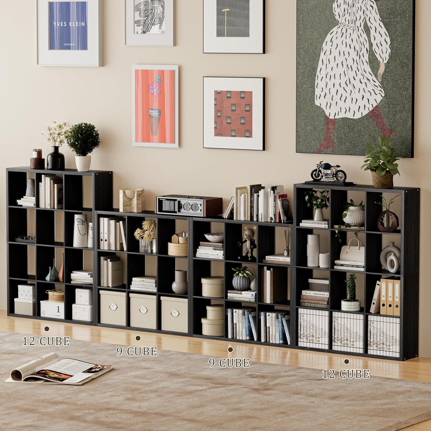 Cube Storage Organizer Bookcase, Decorative 11 inch Open Back Cubical Shelf with Thickened Border, Display Bookshelf for Living Room, Home Office, Sturdy Room (Black, 9 Cube)