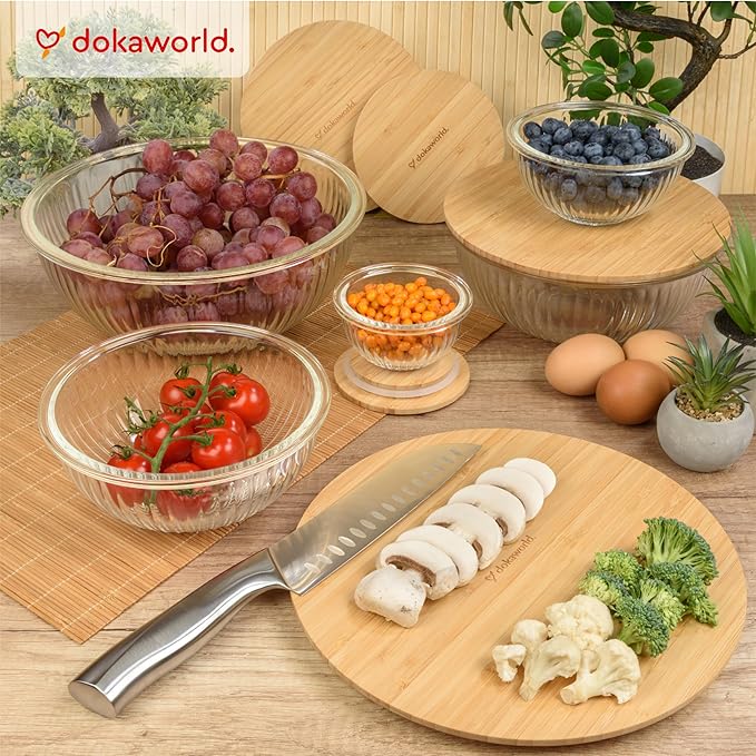 Stackable Space-Saving Set of 5 Nesting Glass Bowls with Bamboo Lids for Foodprep, Storage, Baking, Mixing & Cooking, Microwave & Oven Safe BPA Free Heat Resistant Inert Borosilicate Glass
