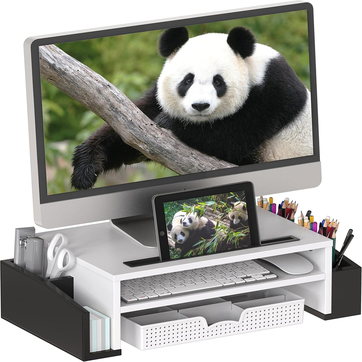 SIMPLE HOUSEWARE Desk Monitor Stand Riser with Adjustable Organizer Tray, Dual Tone - Black / White