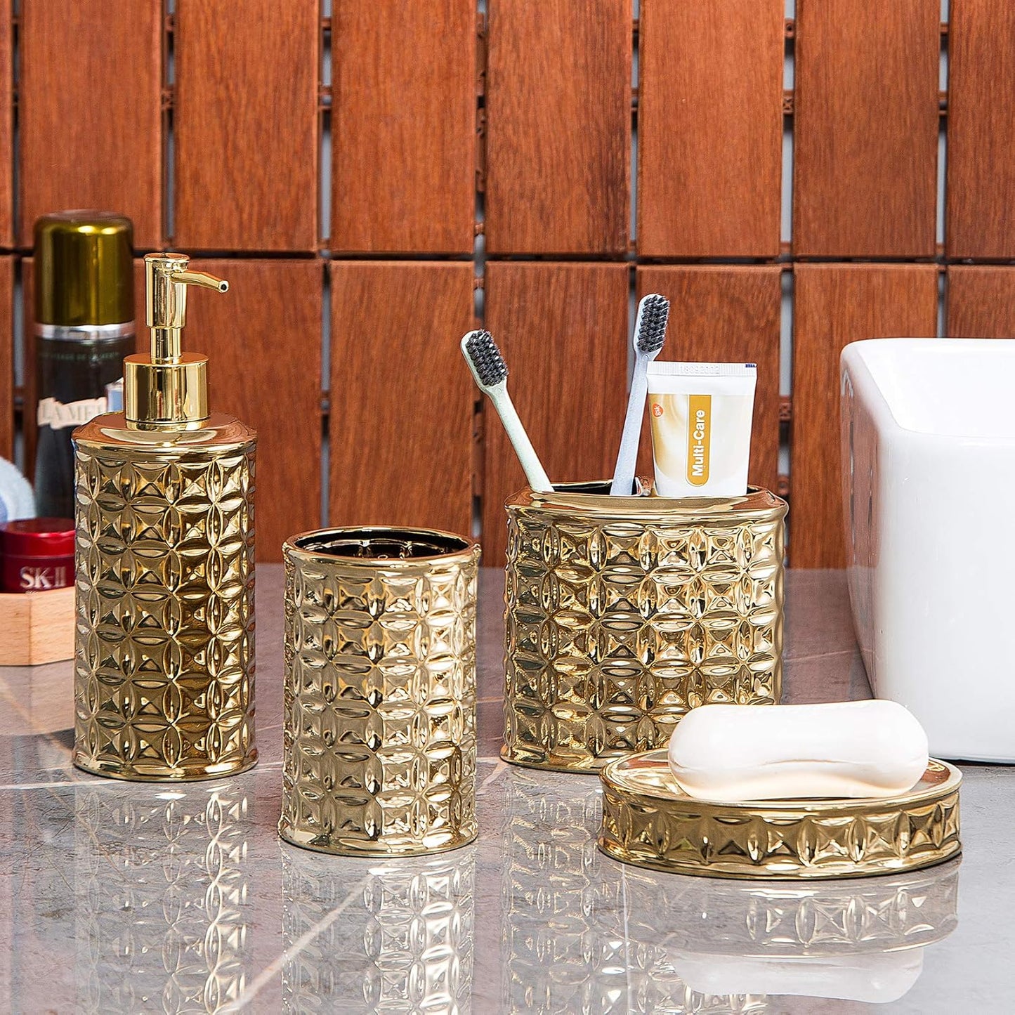 Gold Bathroom Accessory Set, 4-Piece Ceramic Bathroom Decorations Accessories Sets Includes Lotion Dispenser, Toothbrush Holder Tumbler and Soap Dish