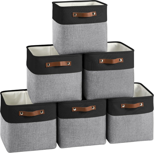 Cube Storage Baskets 6 Pack, 11x11 inch Foldable Cube Storage Bins with Leather Handles for Shelf Closet Nursery Toys (Black/ Gray)