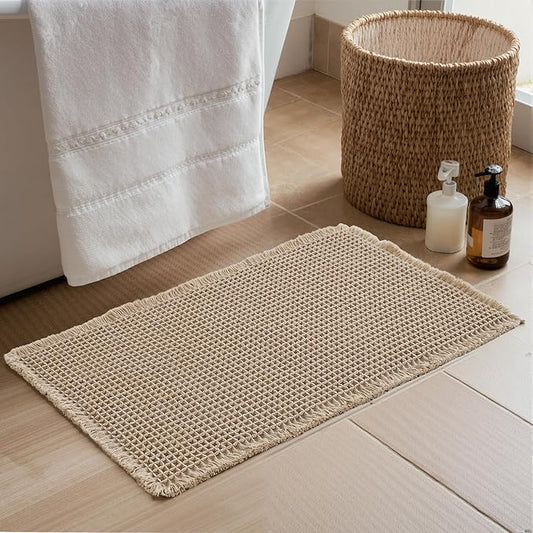 KGORGE Non Slip Waffle Brown Bathroom Rugs, Super Absorbent Quick Dry Soft Washable Small Bath Mat with Tassels for Bathroom Floor Shower Tub Hotel Kitchen Entryway, 18" W x 30" L, 1 Piece