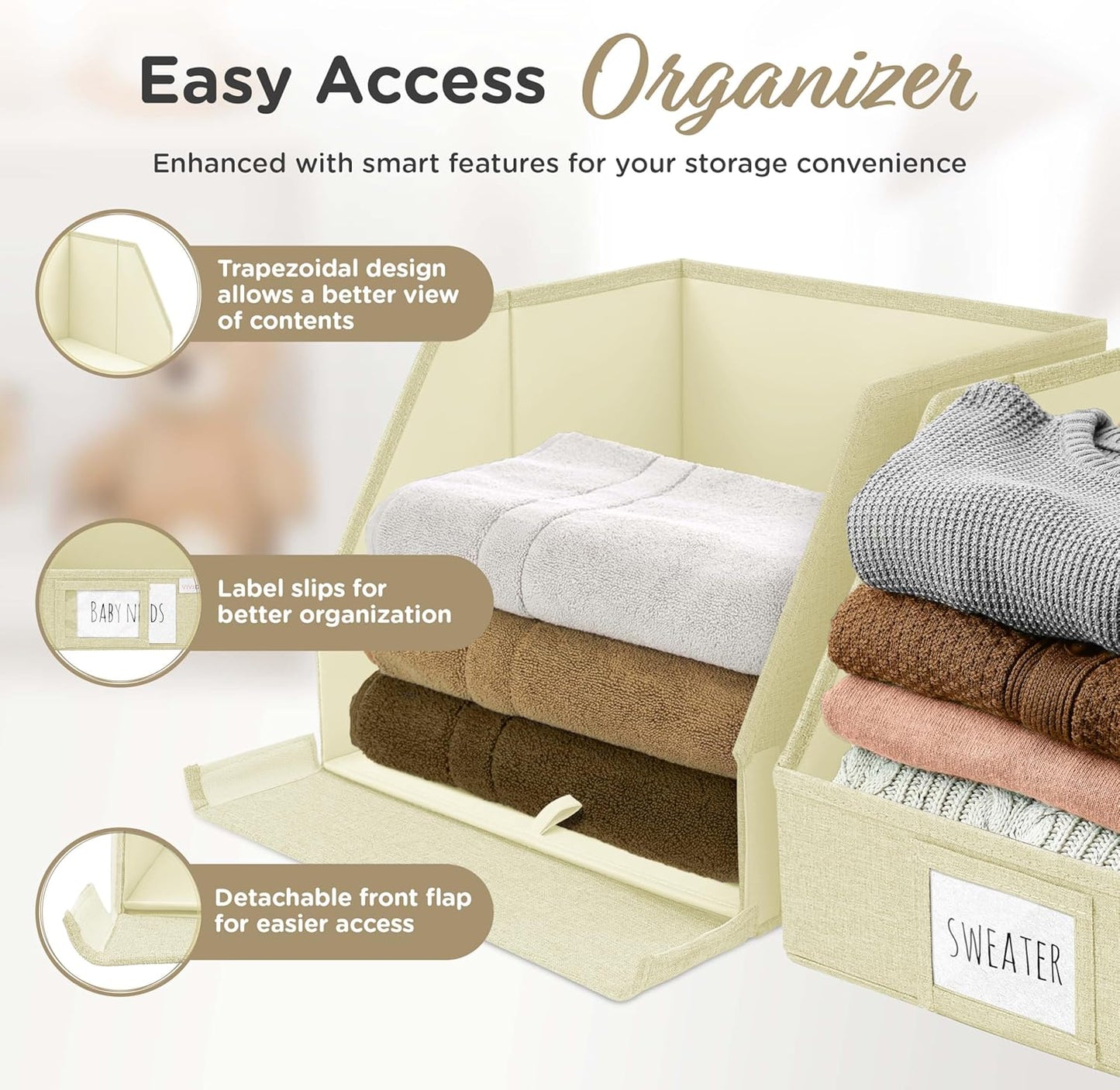 Trapezoid Closet Bins for Shelves – 12x12x10 Fabric Storage Baskets, Collapsible Organizer Boxes for Linen, Baby Clothes, Seasonal Storage – Light Beige, 3 Pack