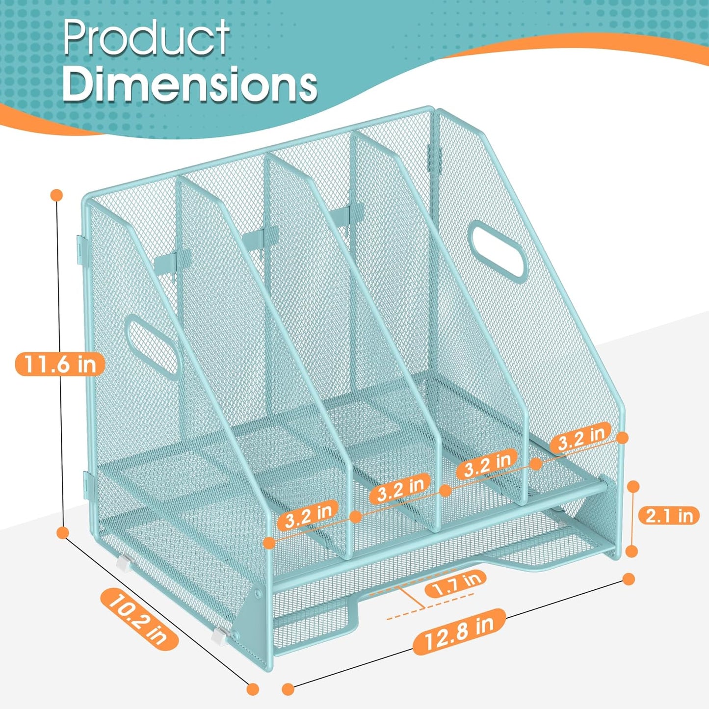 Desk File Folder Holder Organizer-4 Vertical Compartments Racks and Paper Letter Tray,Mesh Magazine File Holder Sorter,Desktop Accessories & Workspace Organizers for Home,Office,School-Blue