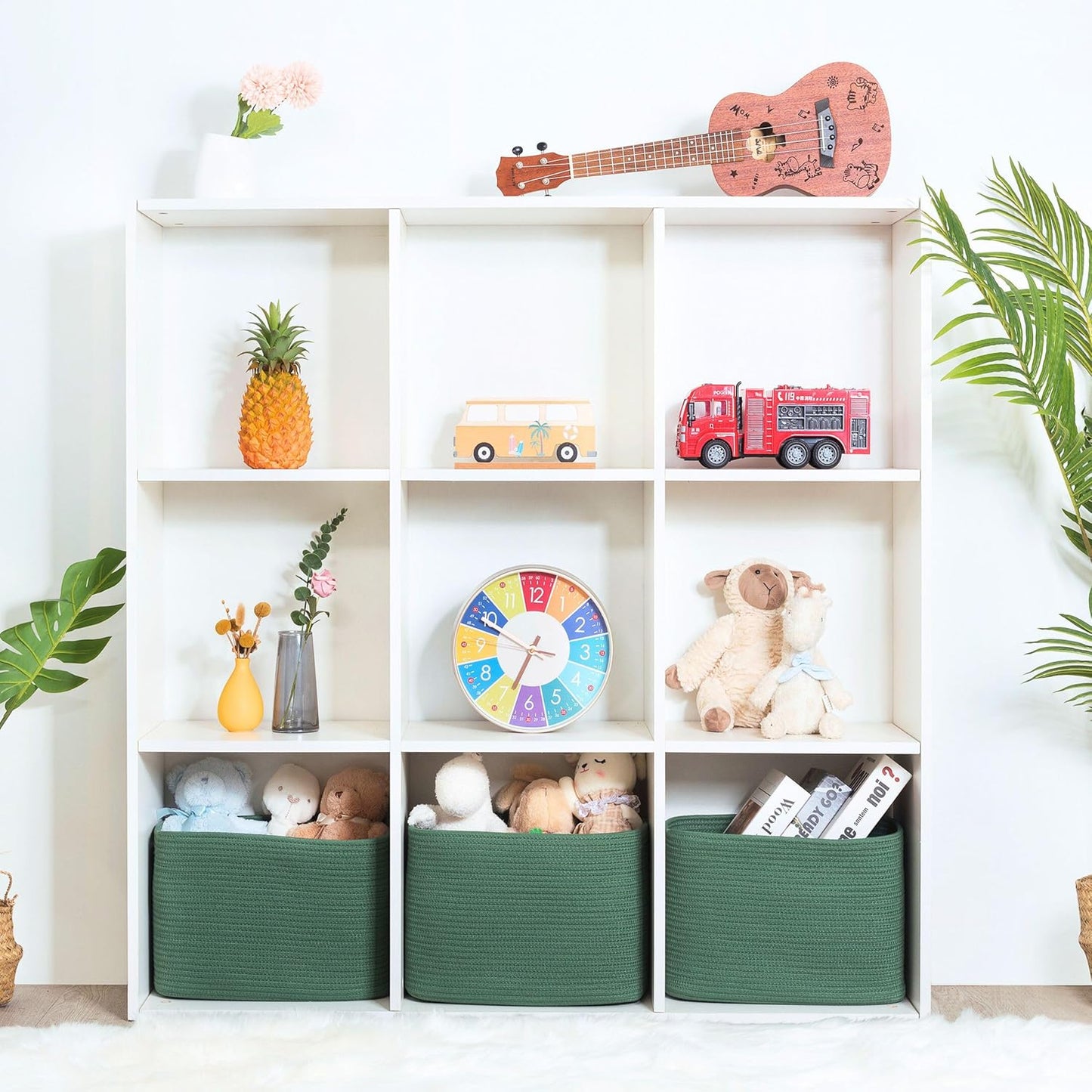 MINTWOOD Design 3-Pack Decorative Woven Storage Baskets for Shelves, Cube Bin Box for Organizing Books, Shoes, Dog Toys, Pantry Closet and Living Room Organizer, Forest Green