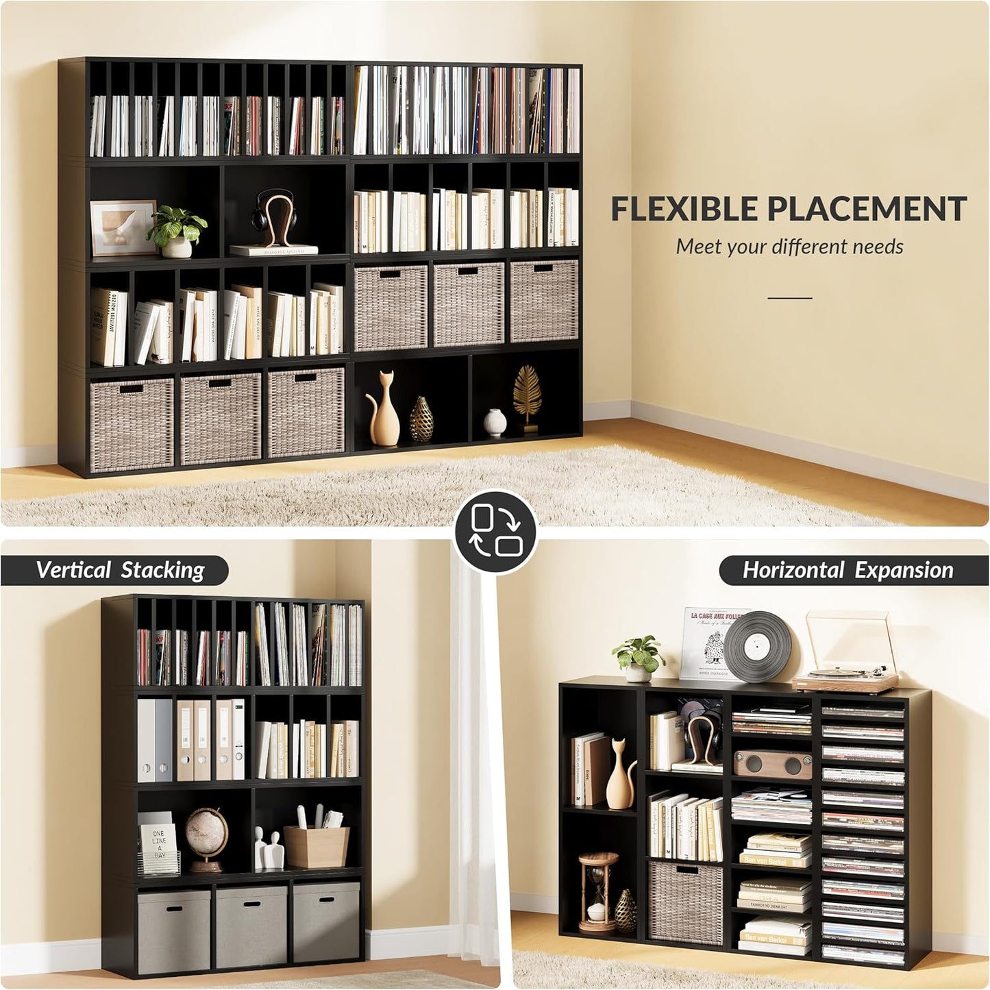 IOTXY DIY Modular Cube Bookcase - CubeXY Customizable Stackable Expandable Combination Set, 23-Cube Open Bookshelf for Books, Fabric Storage Bin, and Vinyl Record Organizer, Black