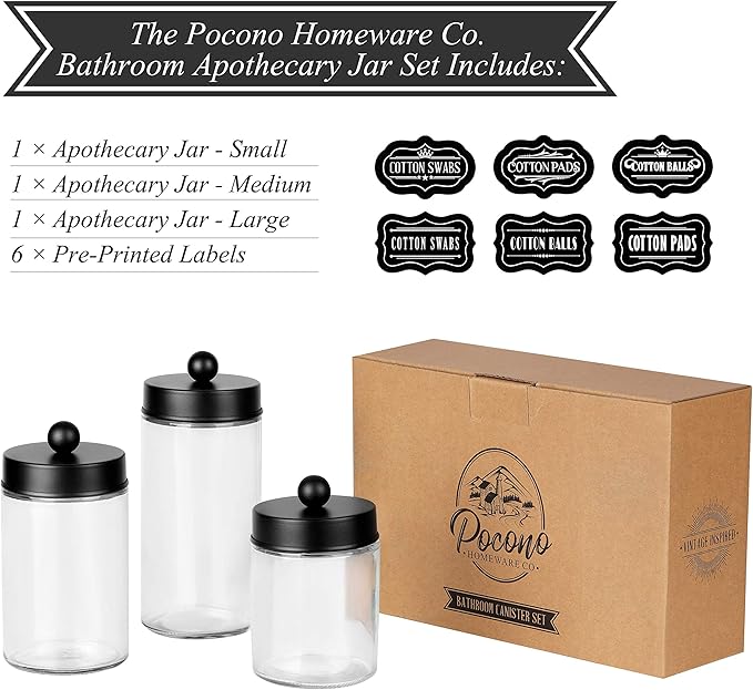 Apothecary Jars 3 Pack - Glass Bathroom Containers with Stainless Steel Lids - Rustic Farmhouse Decor Bathroom Accessories, Vanity Organizer Apothecary Jars for Qtip/Cotton Balls (Matte Black)
