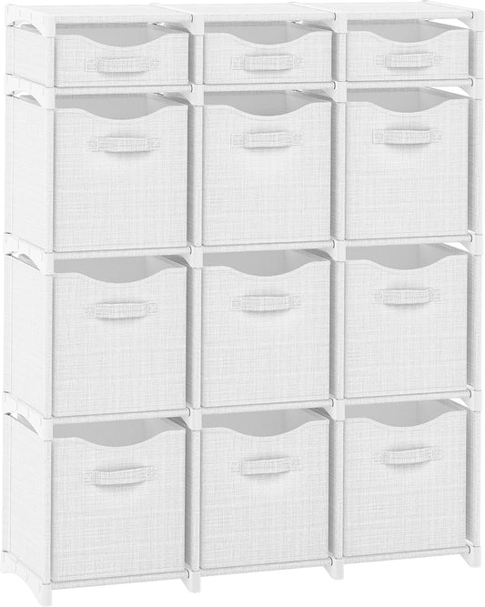 12 Cube Closet Organizers And Storage | Includes All Storage Cube Bins | Easy To Assemble Closet Storage Unit With Drawers | Room Organizer For Clothes, Baby Bedroom, Playroom, Dorm (White-Grey)