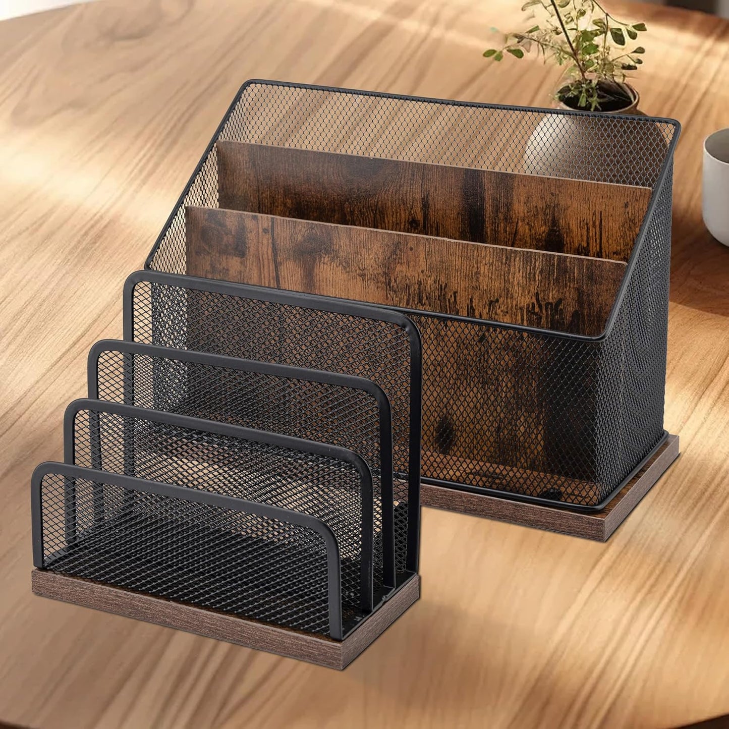3-Tier Vertical File Storage with Retro Wooden Desk Mail Organizer and Metal Mesh Desktop Organizer for Home Office