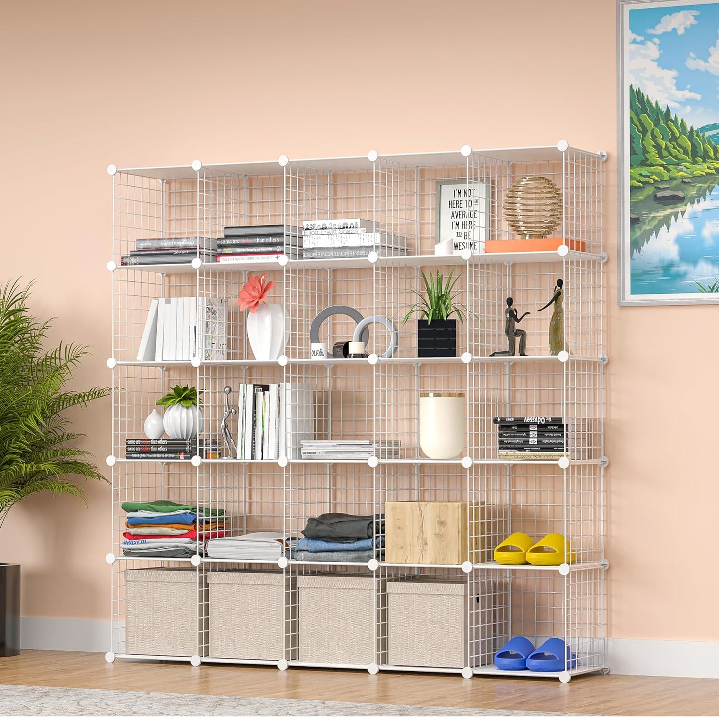 TUMUCUTE Cube Storage Organizer, Metal 25-Cube Shelves Bookshelf, Portable Closet Clothes Organizer for Bedroom, Home, Office, White