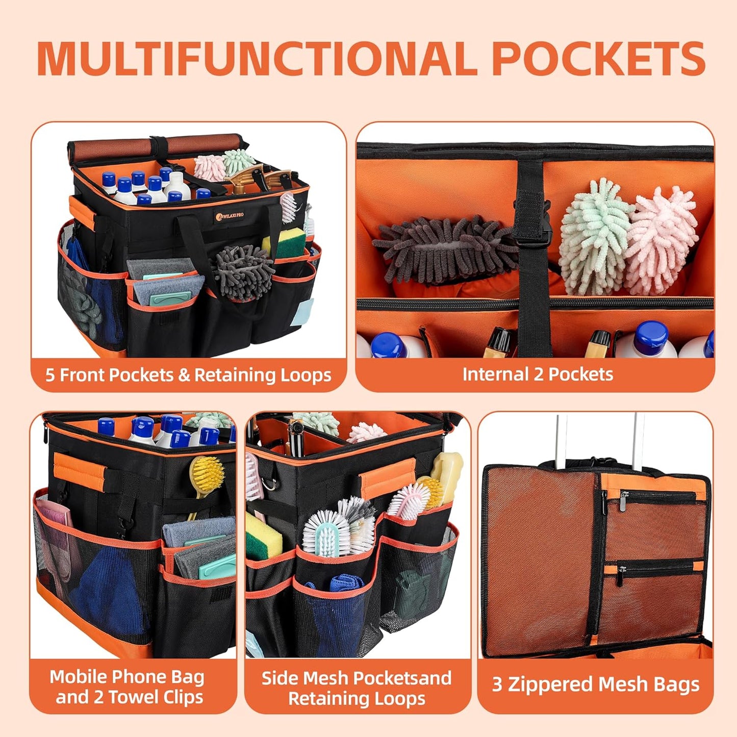 ﻿WILAXI PRO Large Rolling Cleaning Caddy with Wheels and Detachable Trolley, Extra Large Water-Resistant Cleaning Cart for Housekeepers, Cleaning Supplies Organizer with Multi-Pockets Tools Storage