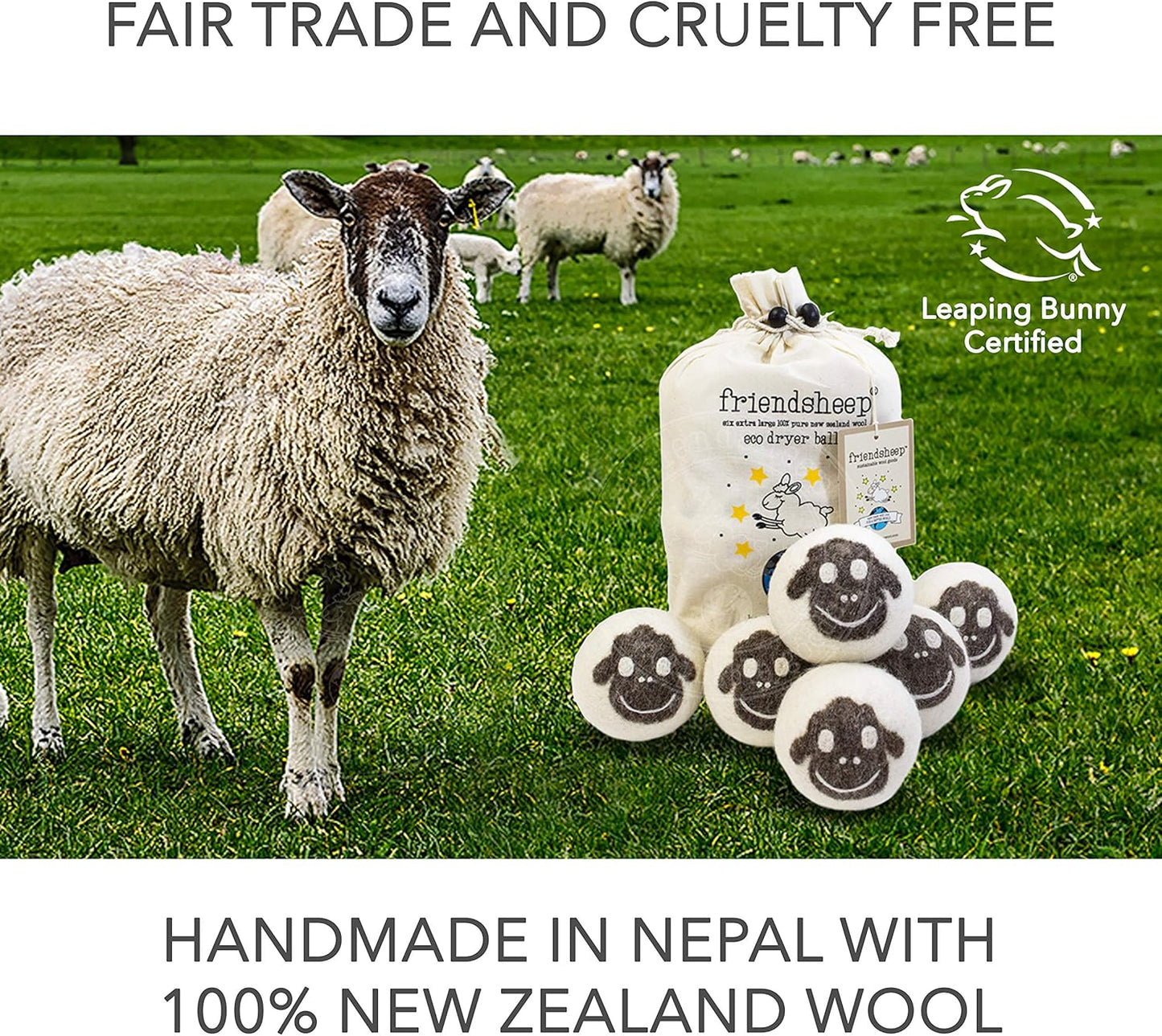 Friendsheep Wool Dryer Balls, Organic Reusable Fabric Softener Alternative for Laundry, Handmade, Fair Trade, Hypoallergenic, Eco-Friendly, Plastic-Free (6 Pack XL – Sheep Flock of Friends)