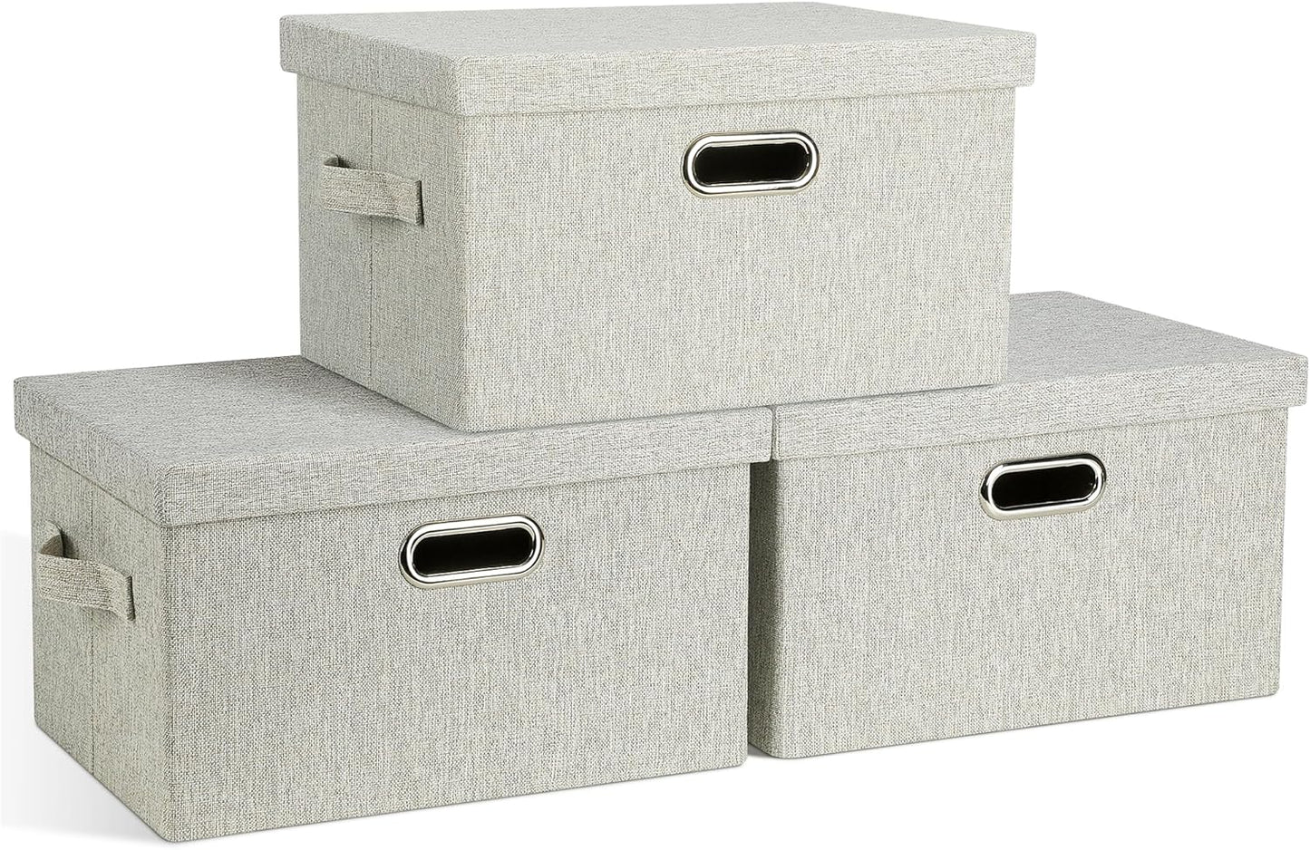 Medium 15" 21 Quart Collapsible Stackable Storage Bins with Lids, 3 Packs Beige Foldable Fabric Closet Boxes Heavy-duty Linen Cube Baskets Container for Bedroom Office (15 x 11 x 8)