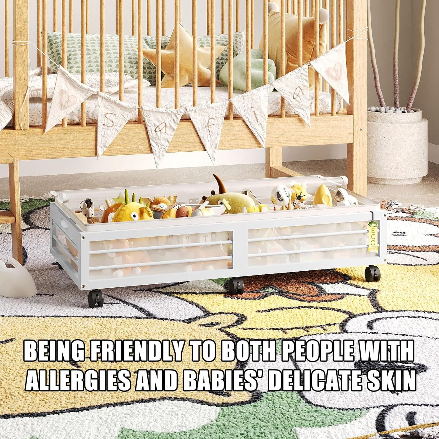 Under Bed Storage Containers with Wheels, Larger Bamboo Wood Under Furniture Storage Containers with Dust Bags，Rolling for Shoes Clothes