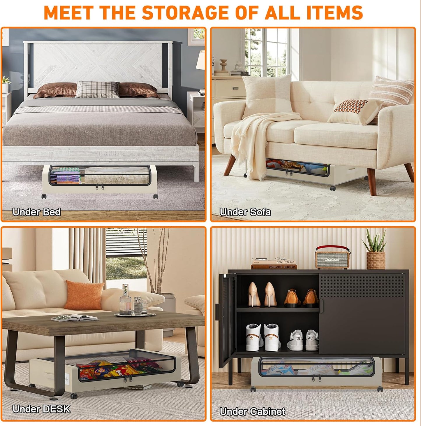 Under Bed Storage with Wheels, 2 Pack Under Bed Storage Containers with Dividers & Clear Lids, XXL 65L Under the bed storage Organizer Bins, Underbed Storage with Wheels for Clothes (White, 2 Pack)