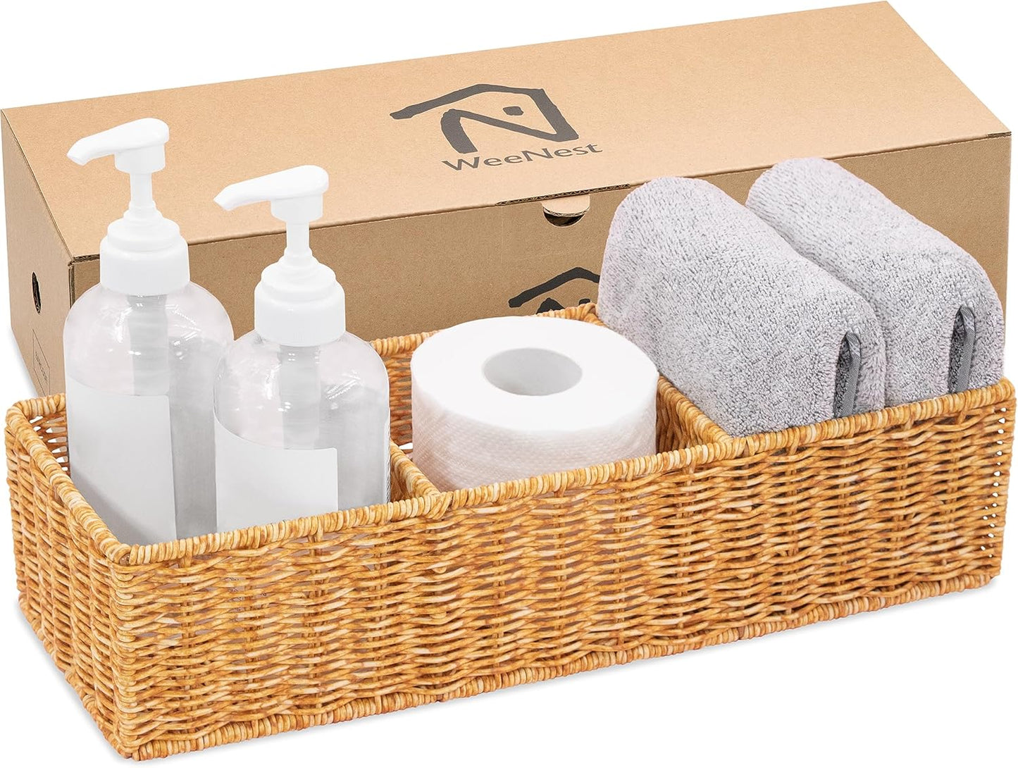 Wicker Basket with 3 Compartments, Toilet Storage, Bathroom Organizer Countertop, Resin Wicker 1pc, Latte