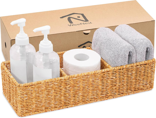 Wicker Basket with 3 Compartments, Toilet Storage, Bathroom Organizer Countertop, Resin Wicker 1pc, Latte